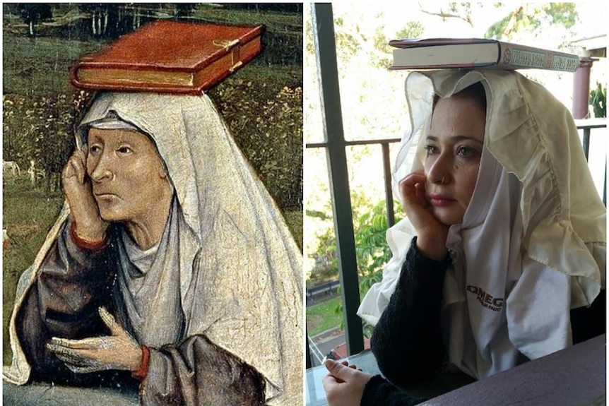 Composite image of a woman with a book on her head next to a cropped-in image of classical artwork.