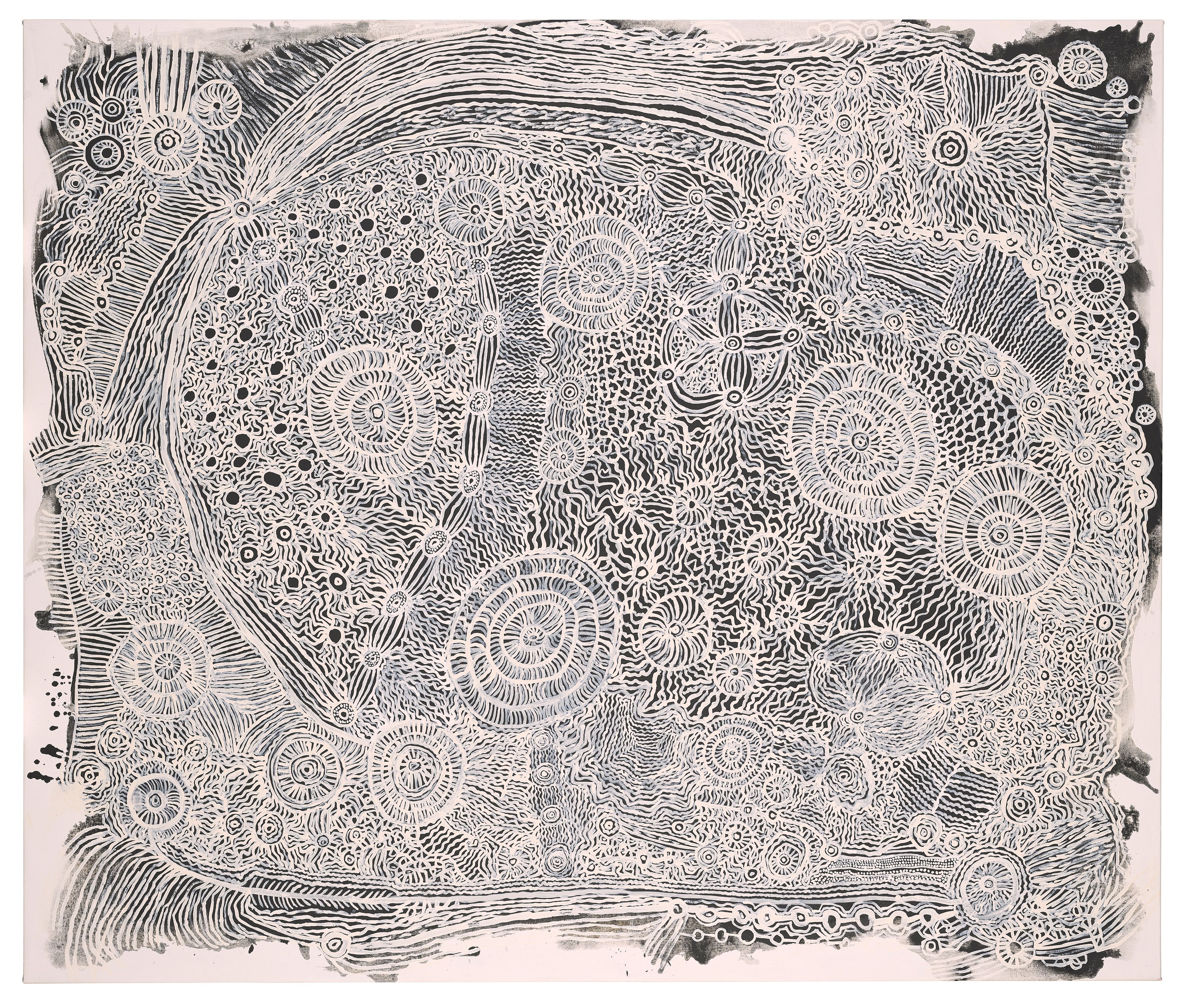 An intricate painting of white markings scrawled across a black canvas.