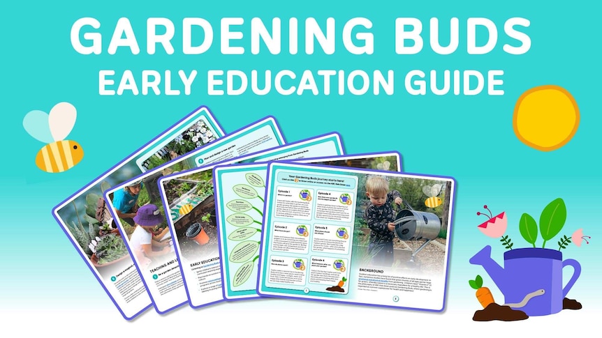 Animated image of a watering can, plant and bee with numerous pages of the Gardening Buds Early Education guide