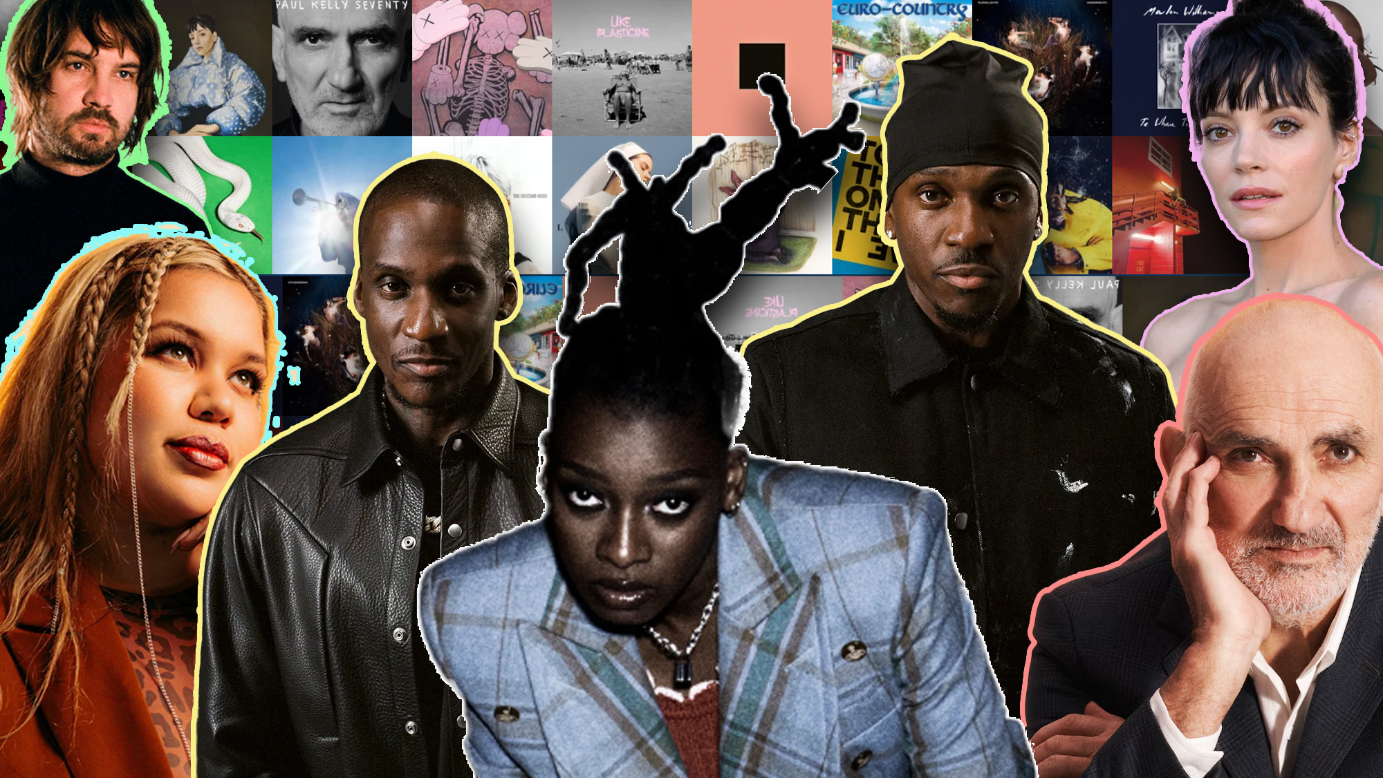 composite image featuring Tame Impala, Bumpy, Clipse, Little Simz, Paul Kelly, Lily Allen before a wall of album covers