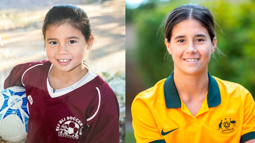 A composite image shows a young Kyra Cooney-Cross smiling with a soccer ball, and an adult photo of her.