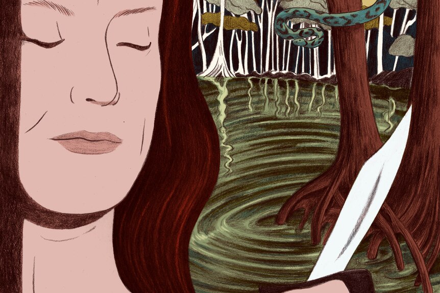 An illustration of a woman holding a hunting knife while a snake watches from the nearby swamps.