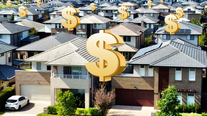 A series of houses in Sydney with numerous dollar signs edited into the picture next to the houses. 