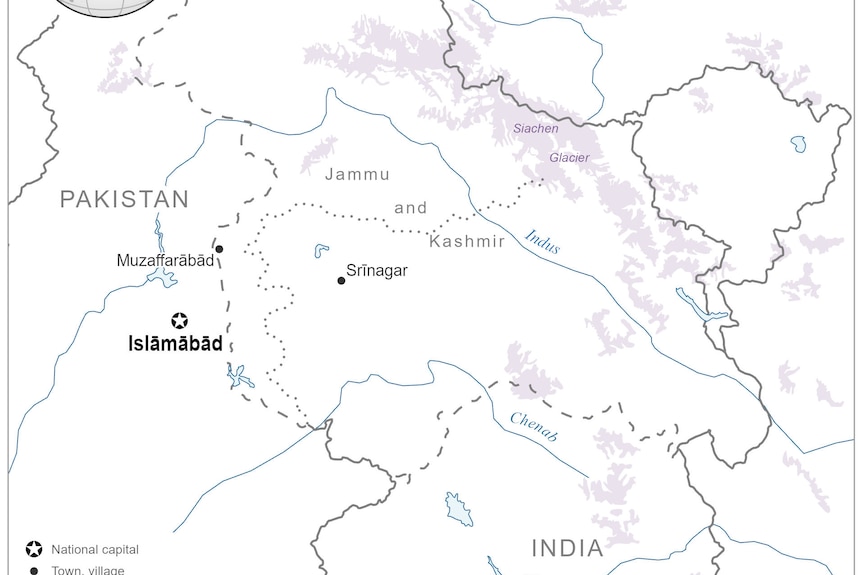 A map detailing where Jammu and Kashmir sits between Pakistan and India.