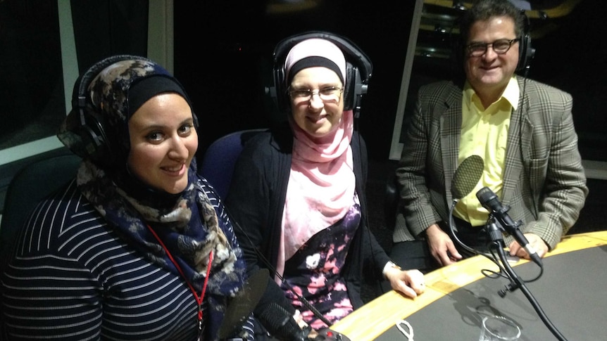 Silma Ihram and Yusra Metwally in the ABC Radio studio being interviewed by Noel Debien