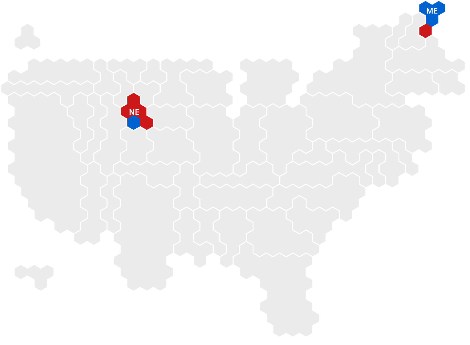 On a map of the United States, the states of Nebraska and Maine are shown as blue and red hexagons, while the rest of the map is gray.