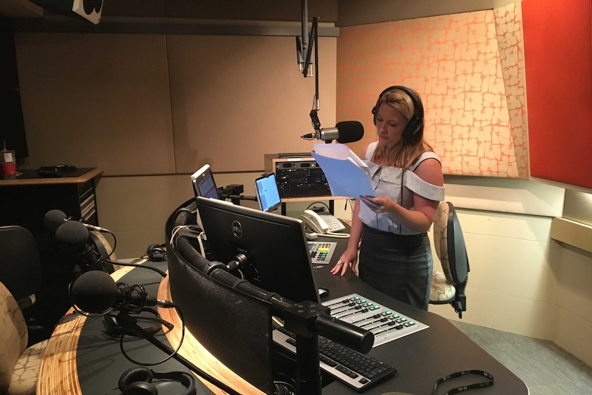 Rachael Brown recording narration for Trace in ABC radio studio.