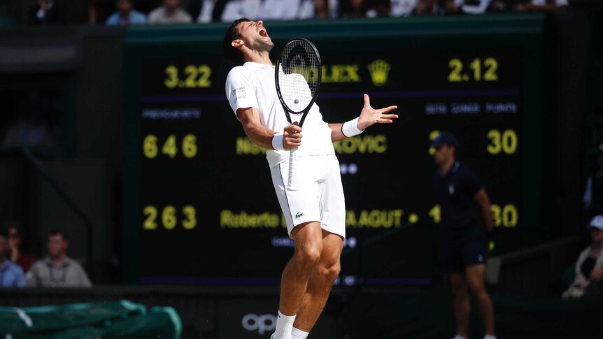 Novak Djokovic shouts to the sky as he reacts after a point at Wimbledon