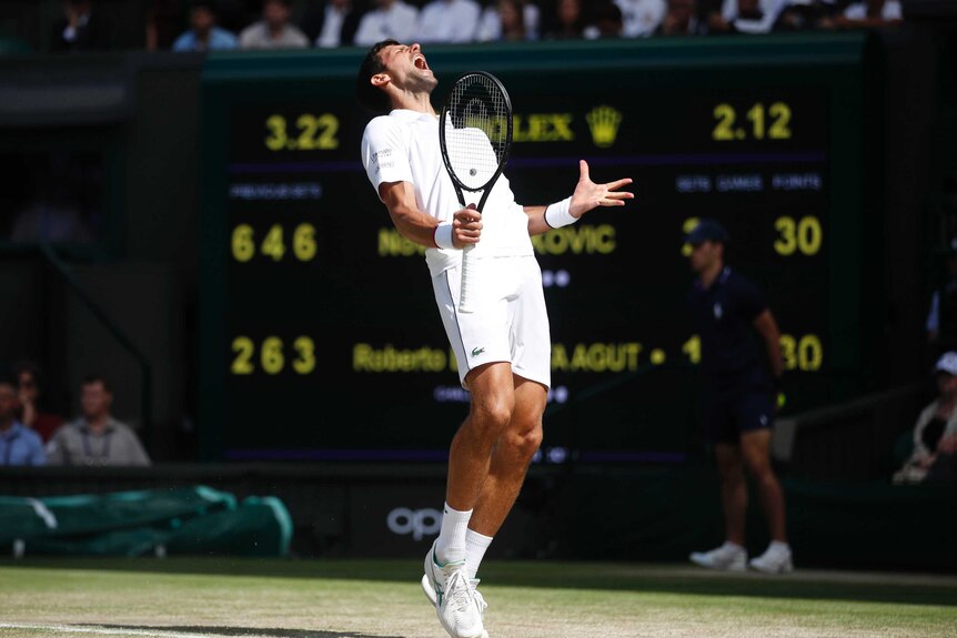 Novak Djokovic shouts to the sky as he reacts after a point at Wimbledon
