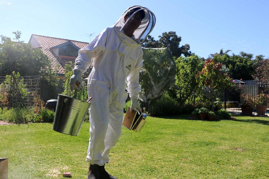 Beekeeper Luke de Laeter in his beekeeping suit in his backyard.