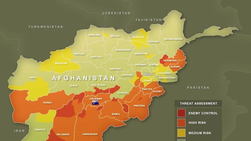 Map of Afghanistan shows areas controlled by Taliban as at April 2009.