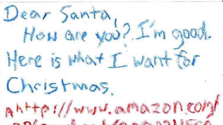 A child's letter to Santa contains a long-winded Amazon URL for the gift they want