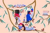Illustration of three people reading books while sitting in a tree