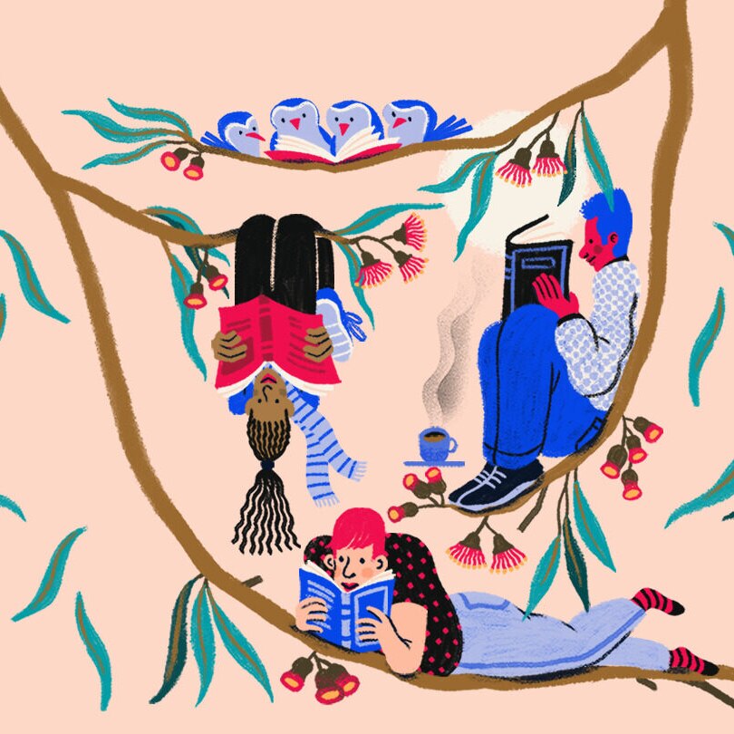 Illustration of three people reading books while sitting in a tree