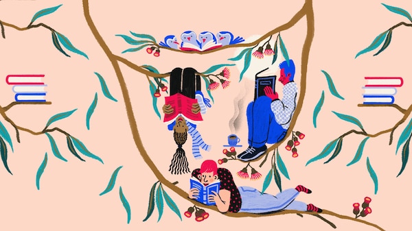 Illustration of three people reading books while sitting in a tree