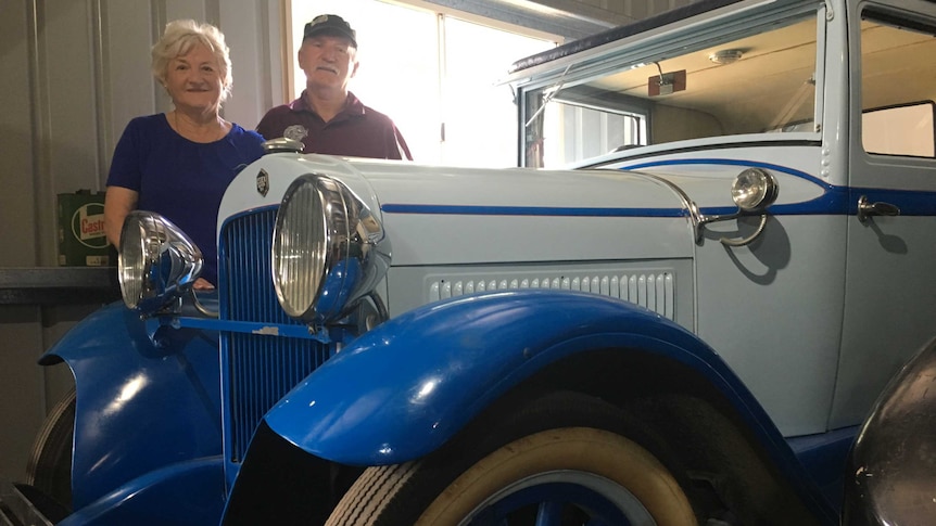 Rose Swadling and Peter Finnegan with a restored 1920s Essex motorcar