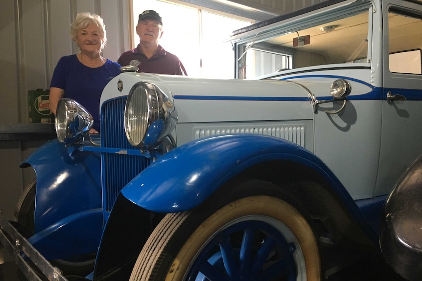 Rose Swadling and Peter Finnegan with a restored 1920s Essex motorcar