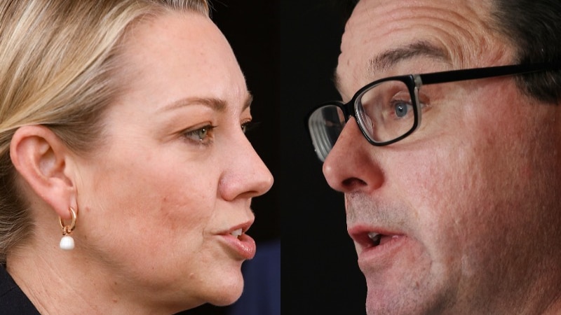 A close up composite image of a woman with short blonde hair and a man with glasses