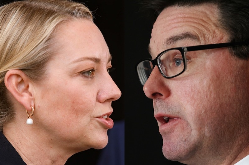 A close up composite image of a woman with short blonde hair and a man with glasses