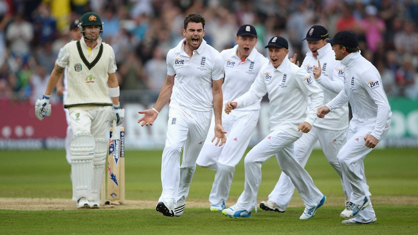 Anderson celebrates bowling Clarke on day one of first Ashes Test