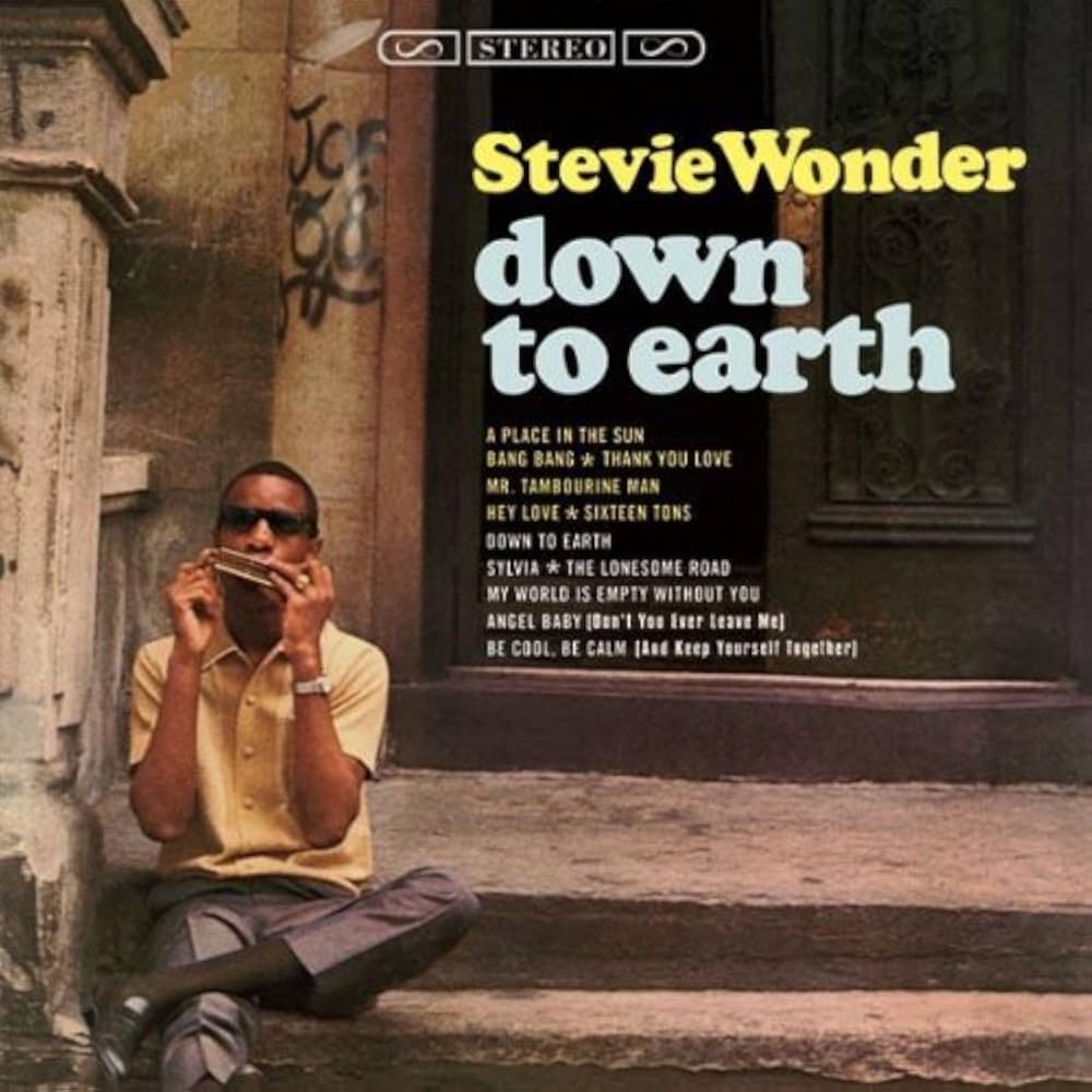 Stevie Wonder sits on a step playing a harmonica