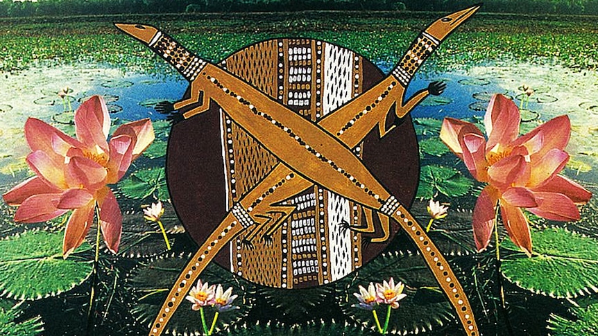 A painting of an Indigenous totem, two pink flowers, and a large body of water with green plants floating on its surface