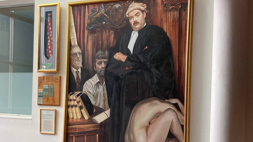 A painting of a man in a barrister's wig standing over a naked crouching woman
