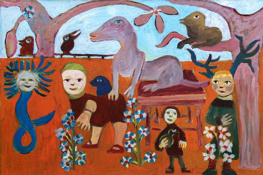 A painting by Mirka Mora featuring animals, human/animal hybrids, trees and flowers