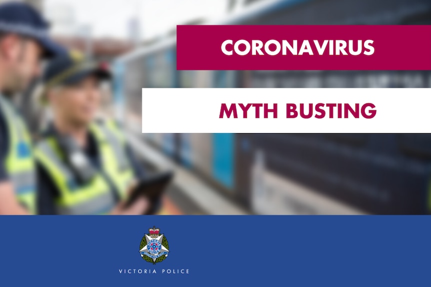 blurred image of two police officers, words coronavirus and myth busting in foreground