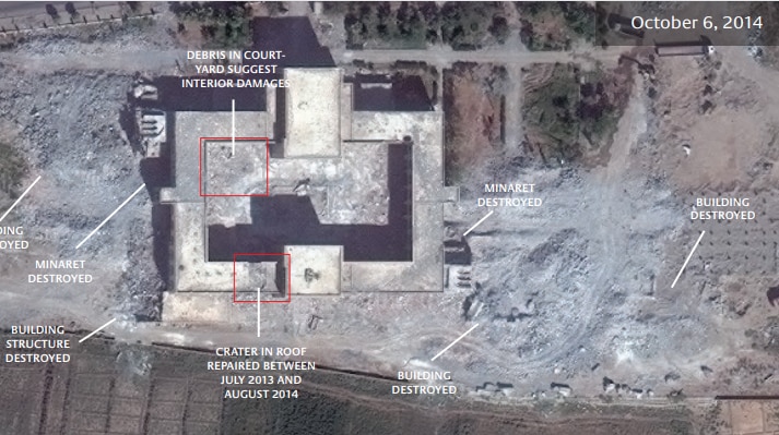 Satellite imagery showing extensive damage to Shrine to Uwais al-Qarani and Ammar Bin Yasser