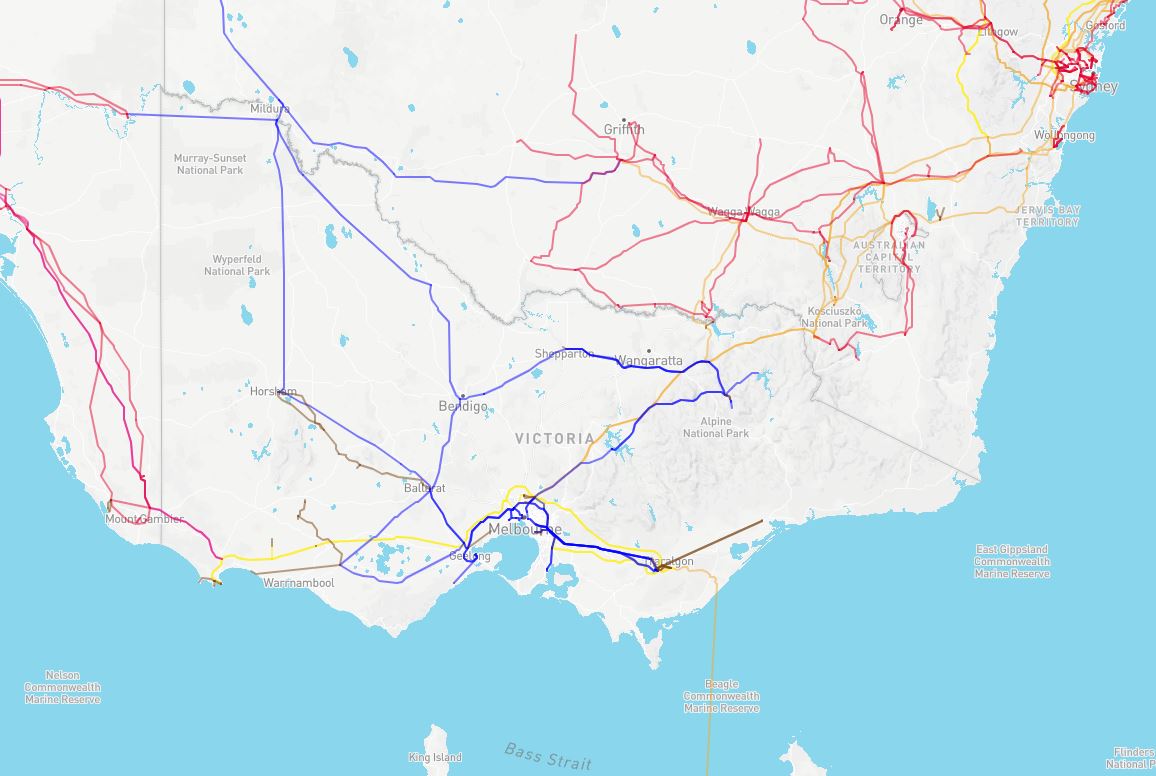 A map of Australian Energy Market Operator transmission lines in Victoria. 