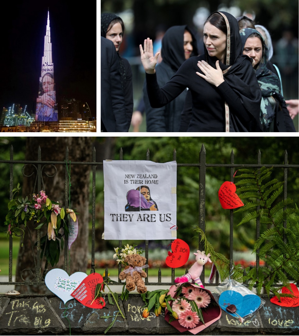 A city tower with a projection of Jacinda Ardern in embrace. Jacinda Ardern wearing a black head scarf. Tributes at a memorial.