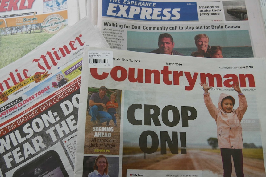 A stack of regional newspapers including Esperance Express and Countryman.