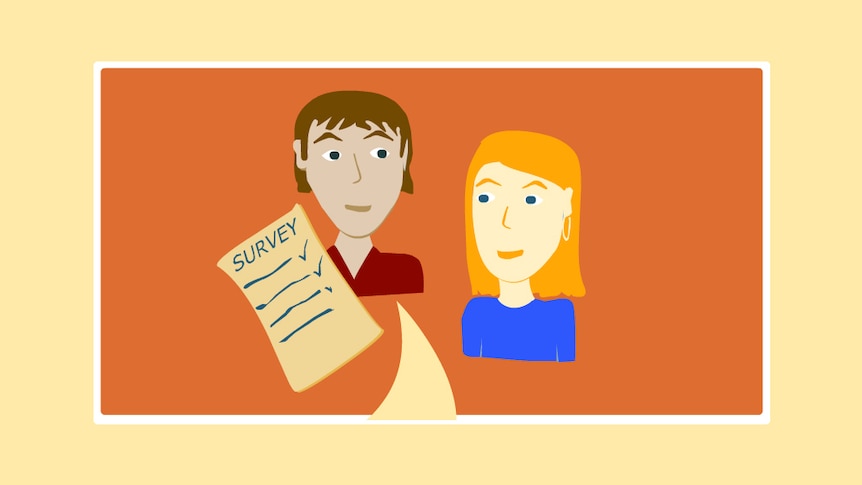 Cartoon man and woman with document titled 'Survey'