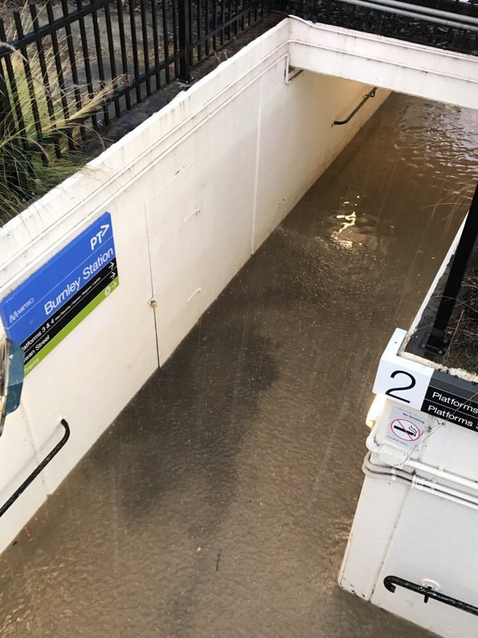 Flooding at Burnley train station.