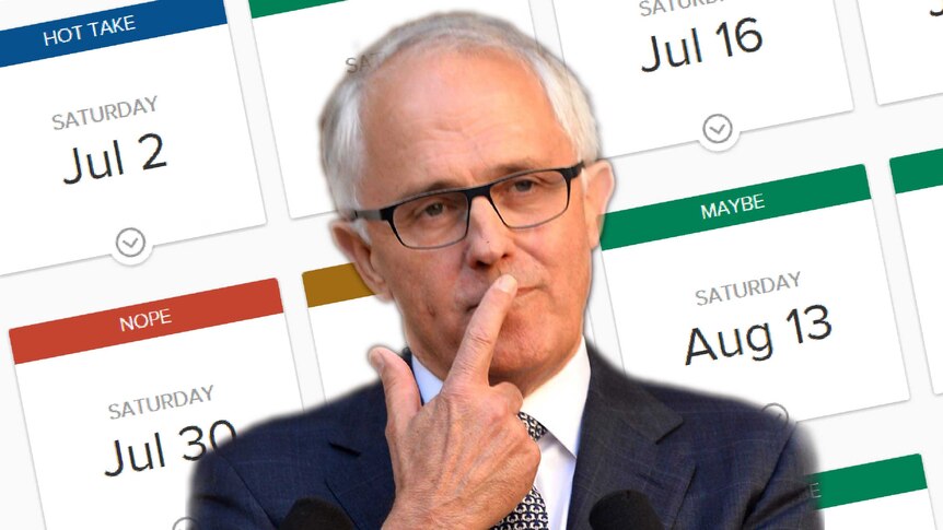 Prime Minister Malcolm Turnbull looks thoughtful with possible election dates behind him.
