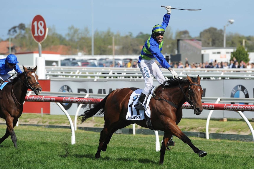 Jameka crossing the line first in the Caulfield Cup