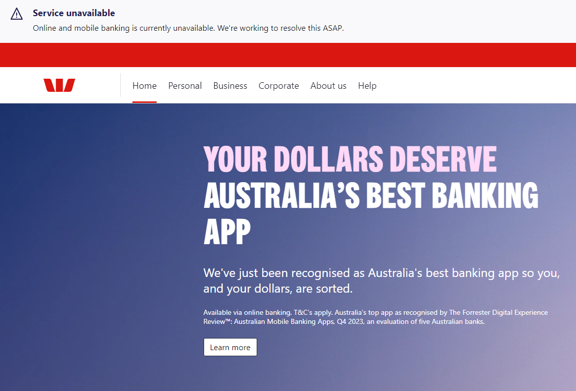 A screenshot of the Westpac website, with a 'Service unavailable' banner at the top', and an ad for its bank app below