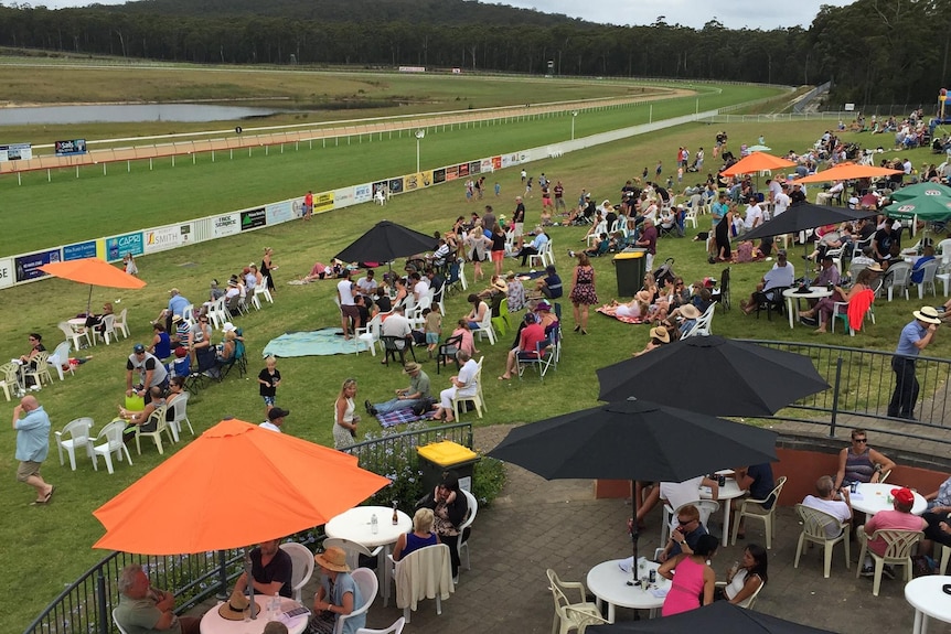 a crowd of people sit on a hill overlooking the horse racing track