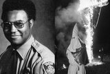 A composite black-and-white image shows an African American police officer, and a member of the KKK in front of a burning cross.