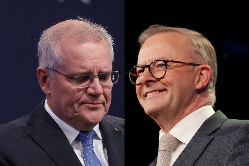 A composite image of outgoing prime minister Scott Morrison (left) and incoming Prime Minister Anthony Albanese (right).