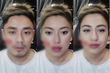 A composite of two faces from a face-swap demonstration video. 