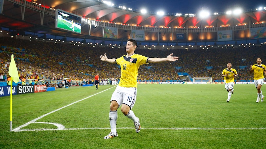 Colombia's James Rodriguez celebrates after scoring against Uruguay at the World Cup.