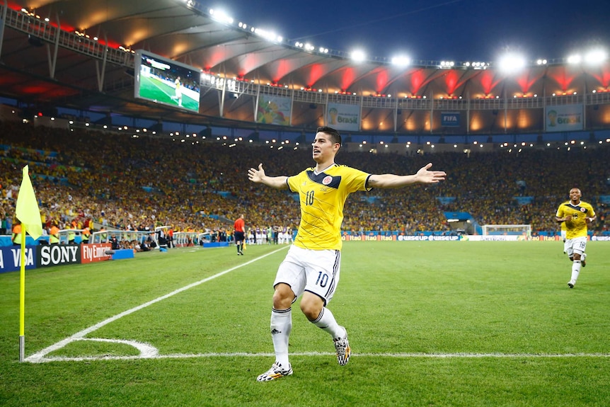 Colombia's James Rodriguez celebrates his goal against Uruguay at World Cup 2014.