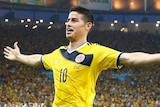 Colombia's James Rodriguez celebrates after scoring against Uruguay at the World Cup.