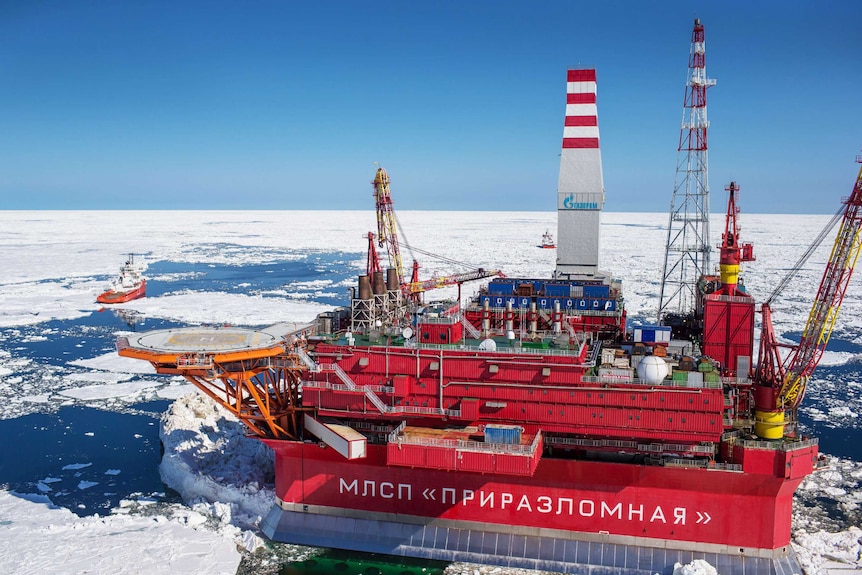 oil platform surrounded by ice