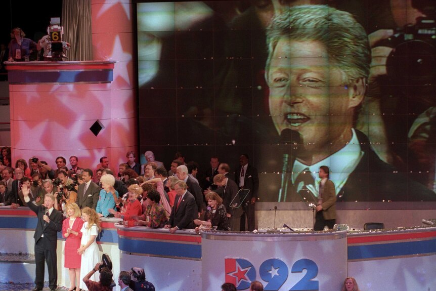 Democratic Presidential candidate Bill Clinton and his wife Hillary on stage in 1992