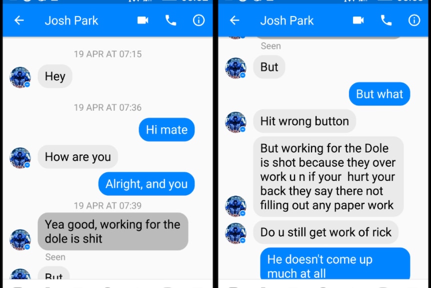 Josh Park-Fing's texts to his father about his work on the dole experience
