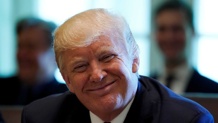 US President Donald Trump smiles during a meeting with members of his Cabinet at the White House.