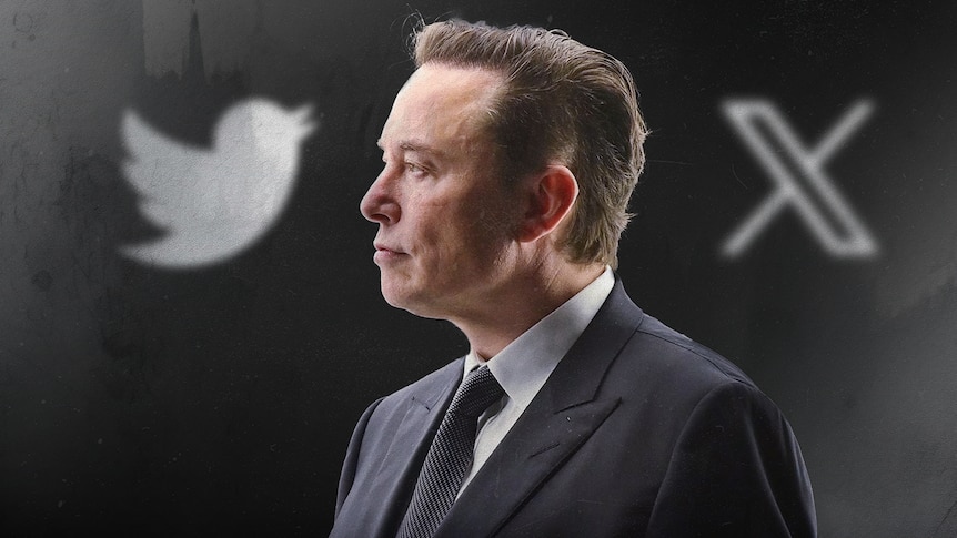 Elon Musk between the Twitter and X logos.